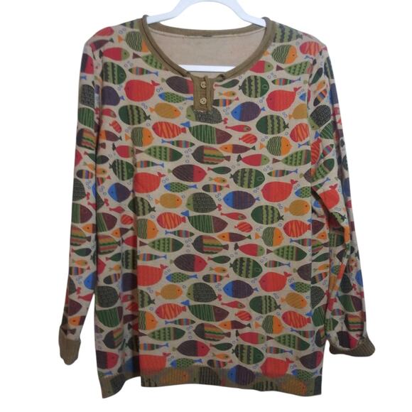 BuyKud Round Neck Fish Print Knitted Long Sleeve Lightweight Sweater Size M - Picture 2 of 9